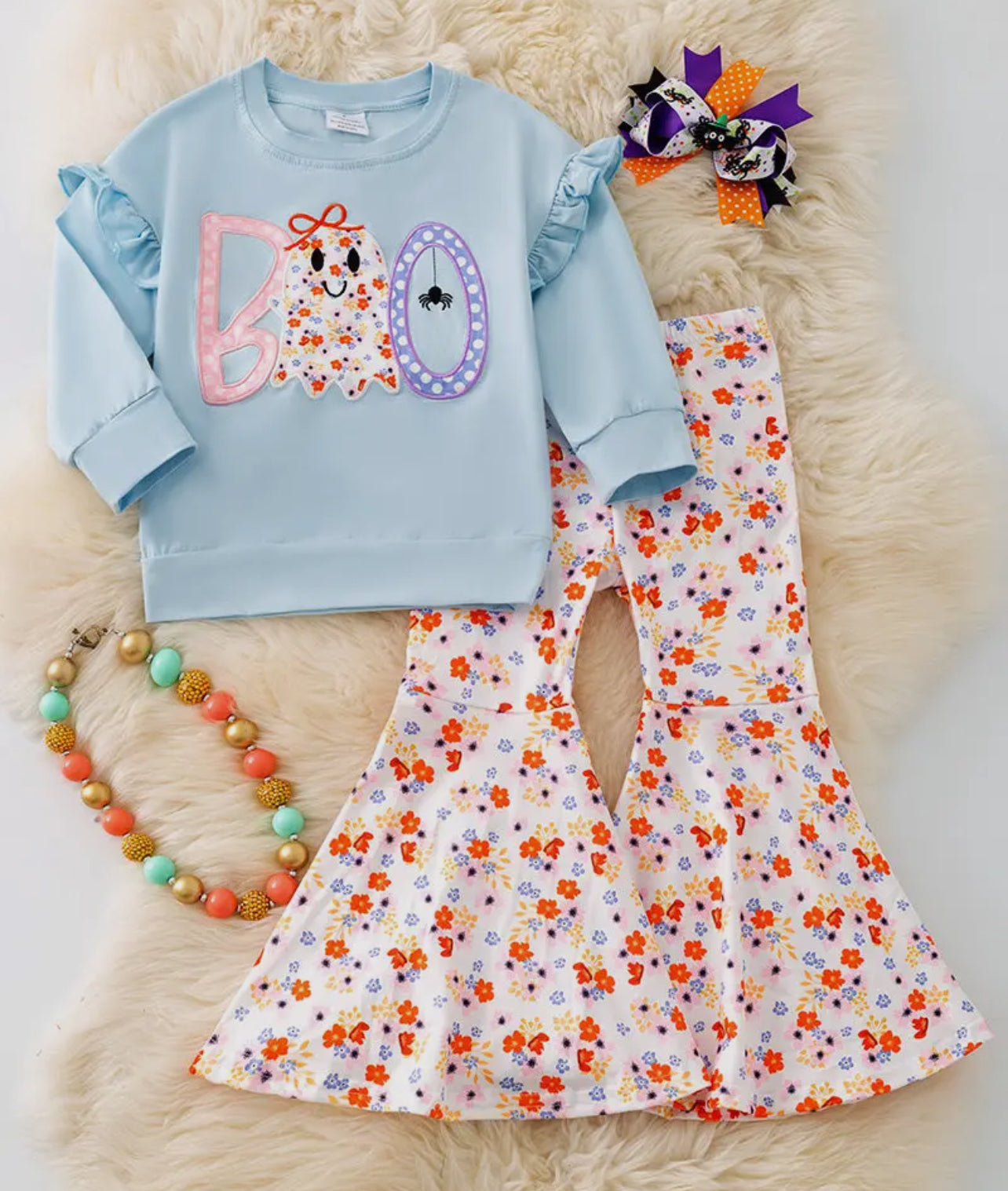Boo Crewneck & Floral Bell Bottom Outfit